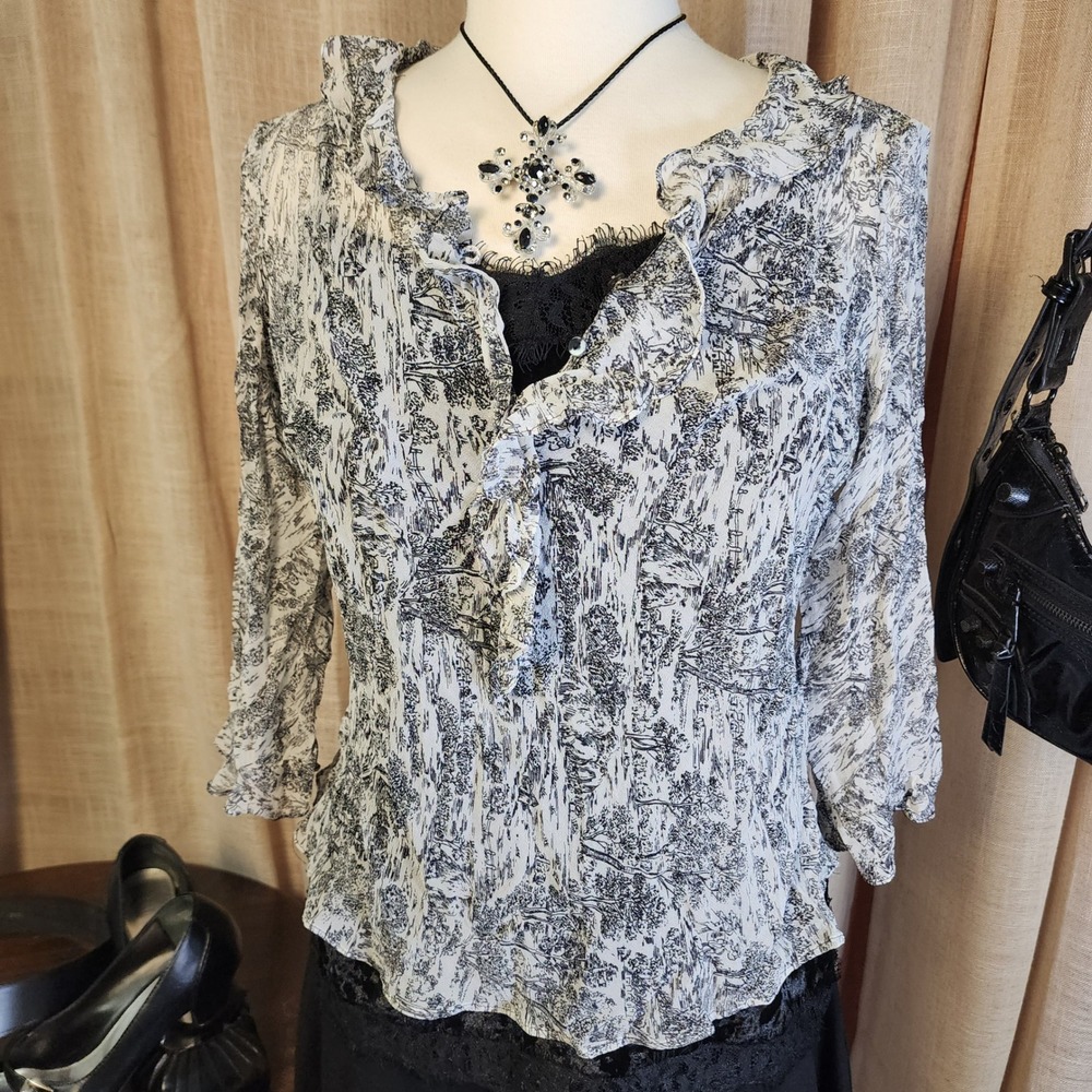ECI New York 100% Silk Toile Ruffle Blouse Large Black Ivory Romantic